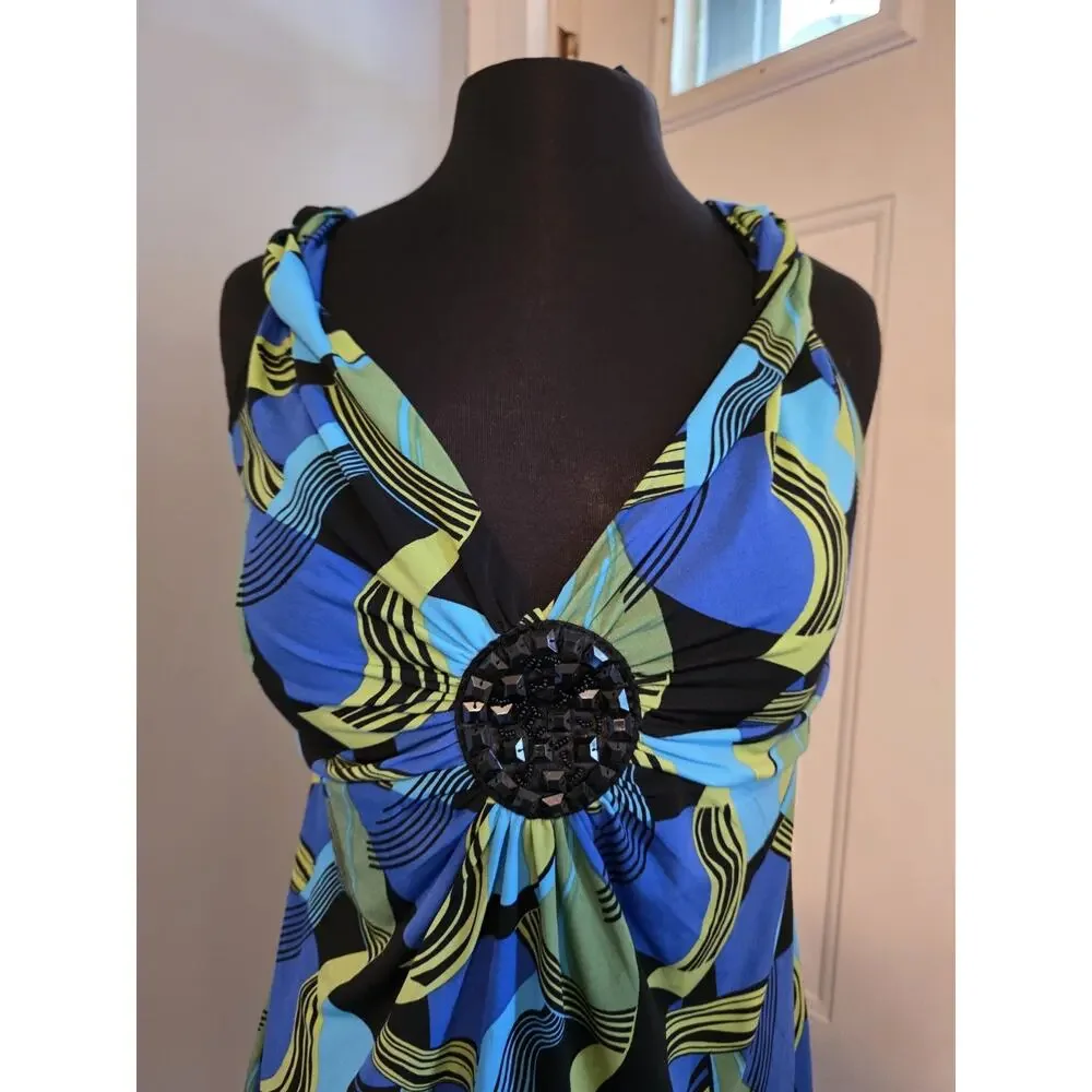 Vtg Bisou Bisou Y2k Baby Doll Tank Jeweled Medallion Abstract Print Blue Black L